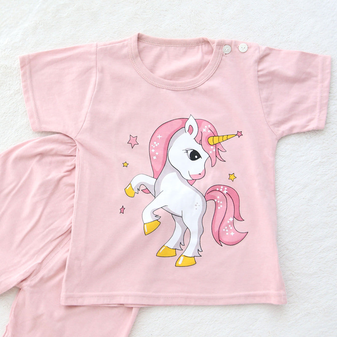 キッズ 上下セット ショート Tシャツ＋ パンツ ズボン ユニコーン メルヘン ピンク コットン 綿100％ 部屋着 着替え 春夏 通園