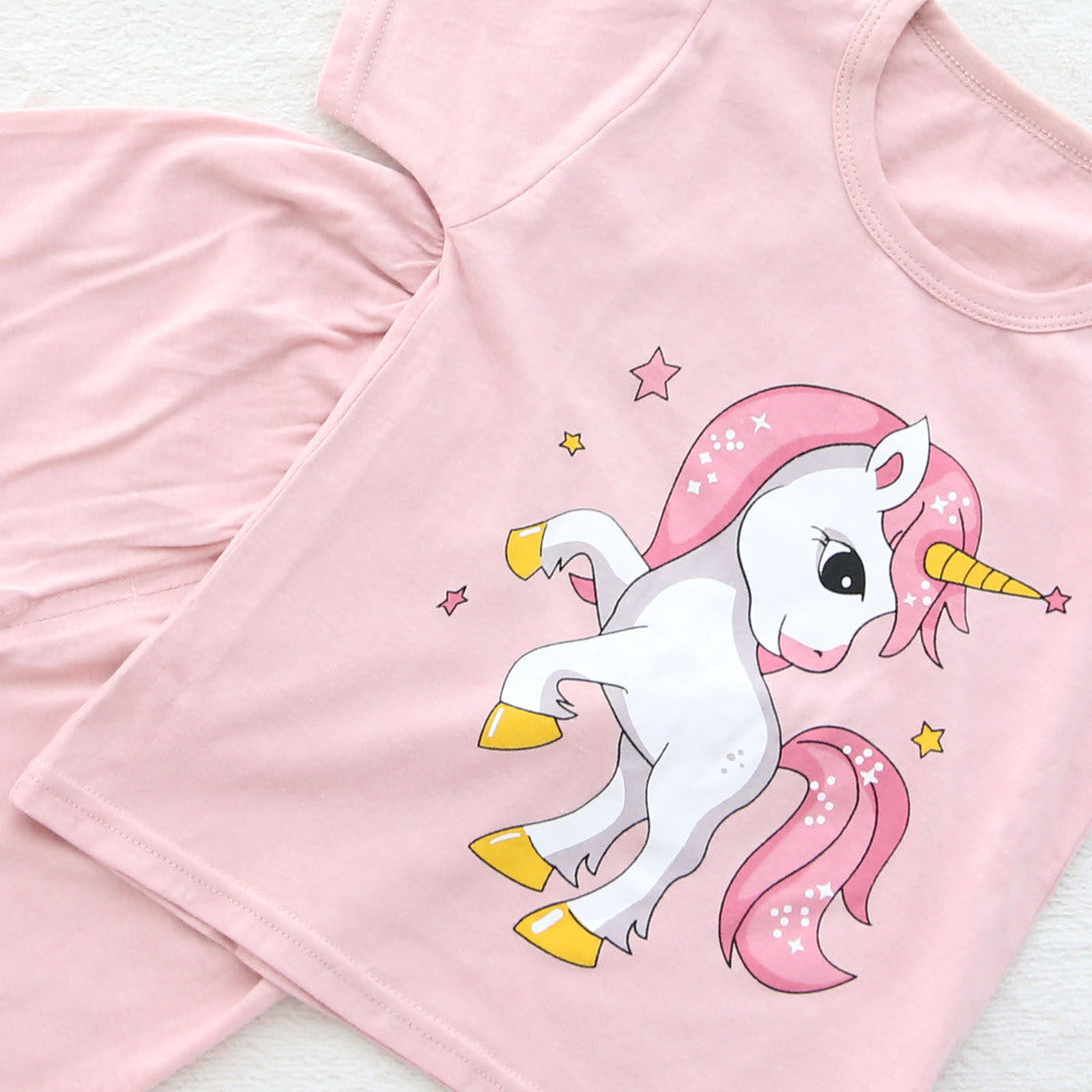 キッズ 上下セット ショート Tシャツ＋ パンツ ズボン ユニコーン メルヘン ピンク コットン 綿100％ 部屋着 着替え 春夏 通園