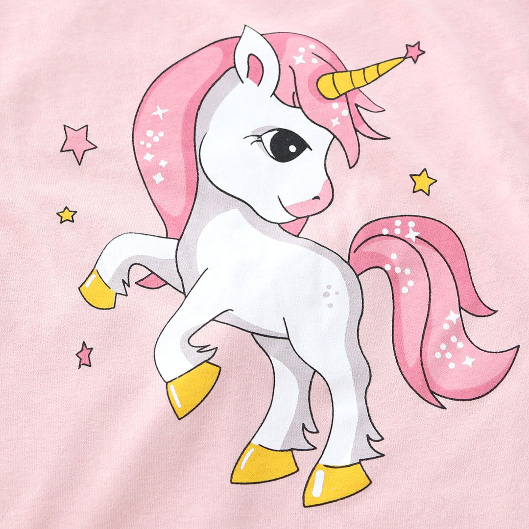 キッズ 上下セット ショート Tシャツ＋ パンツ ズボン ユニコーン メルヘン ピンク コットン 綿100％ 部屋着 着替え 春夏 通園