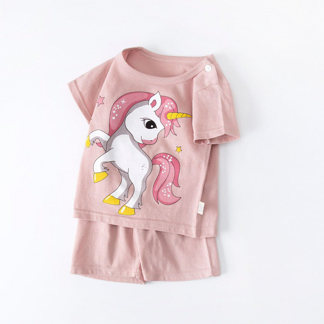 キッズ 上下セット ショート Tシャツ＋ パンツ ズボン ユニコーン メルヘン ピンク コットン 綿100％ 部屋着 着替え 春夏 通園