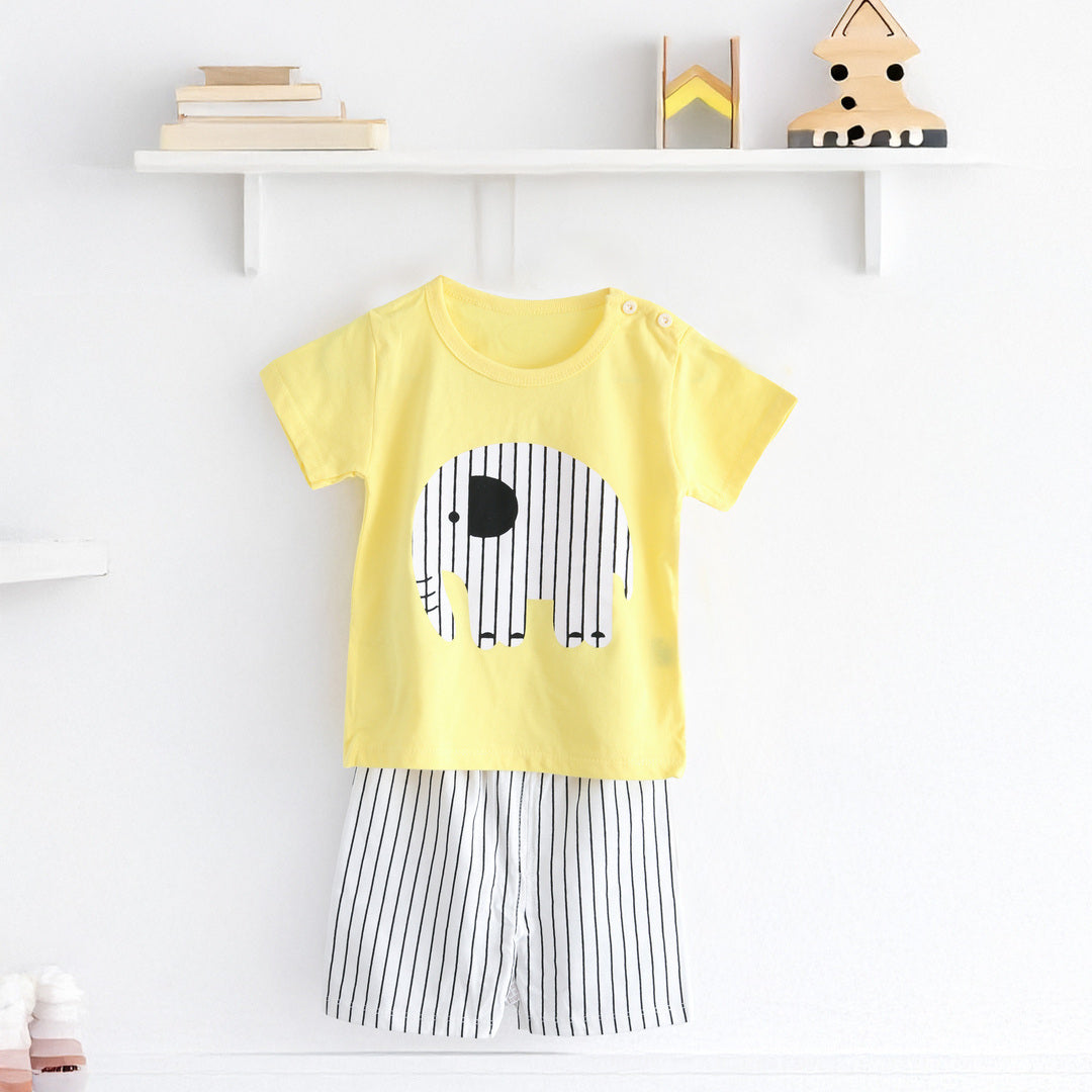 キッズ 上下セット ショート Tシャツ＋ パンツ ズボン 象 動物 イエロー コットン 綿100％ 部屋着 着替え 春夏 通園