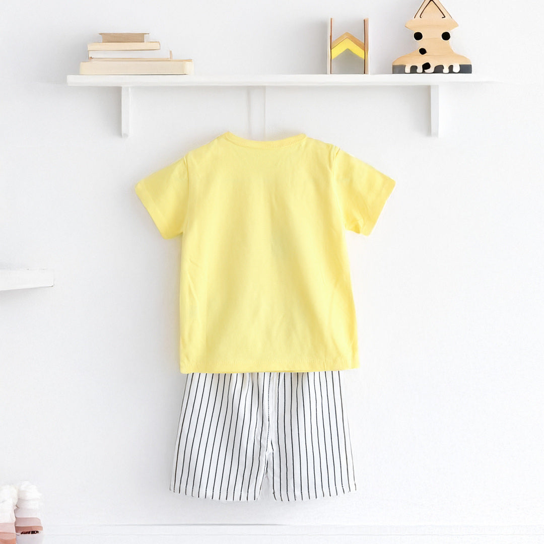 キッズ 上下セット ショート Tシャツ＋ パンツ ズボン 象 動物 イエロー コットン 綿100％ 部屋着 着替え 春夏 通園