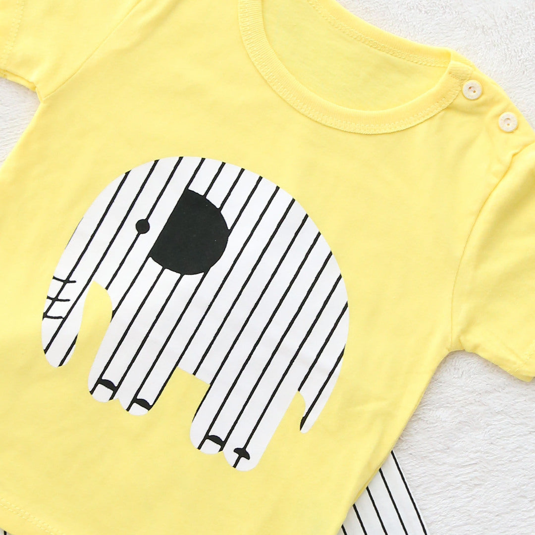 キッズ 上下セット ショート Tシャツ＋ パンツ ズボン 象 動物 イエロー コットン 綿100％ 部屋着 着替え 春夏 通園