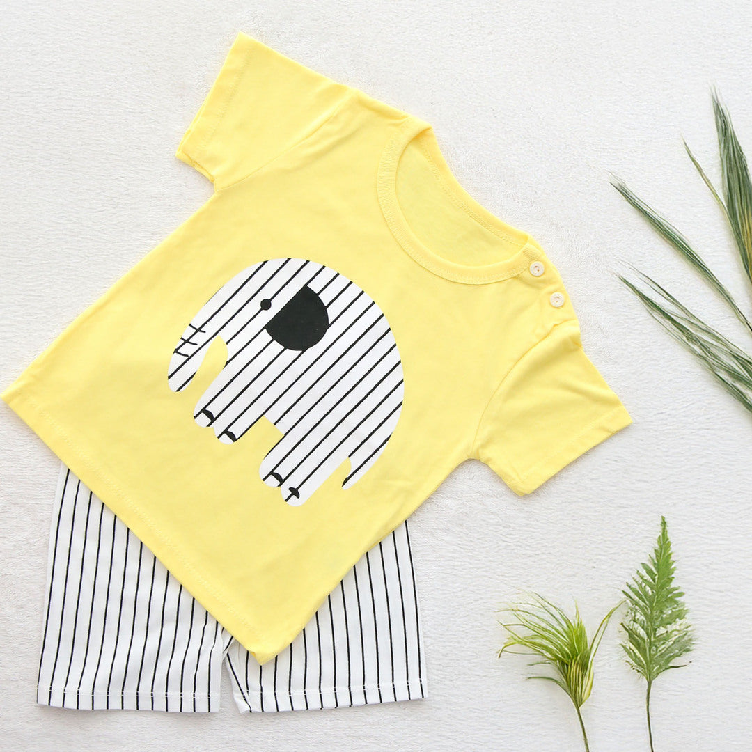 キッズ 上下セット ショート Tシャツ＋ パンツ ズボン 象 動物 イエロー コットン 綿100％ 部屋着 着替え 春夏 通園
