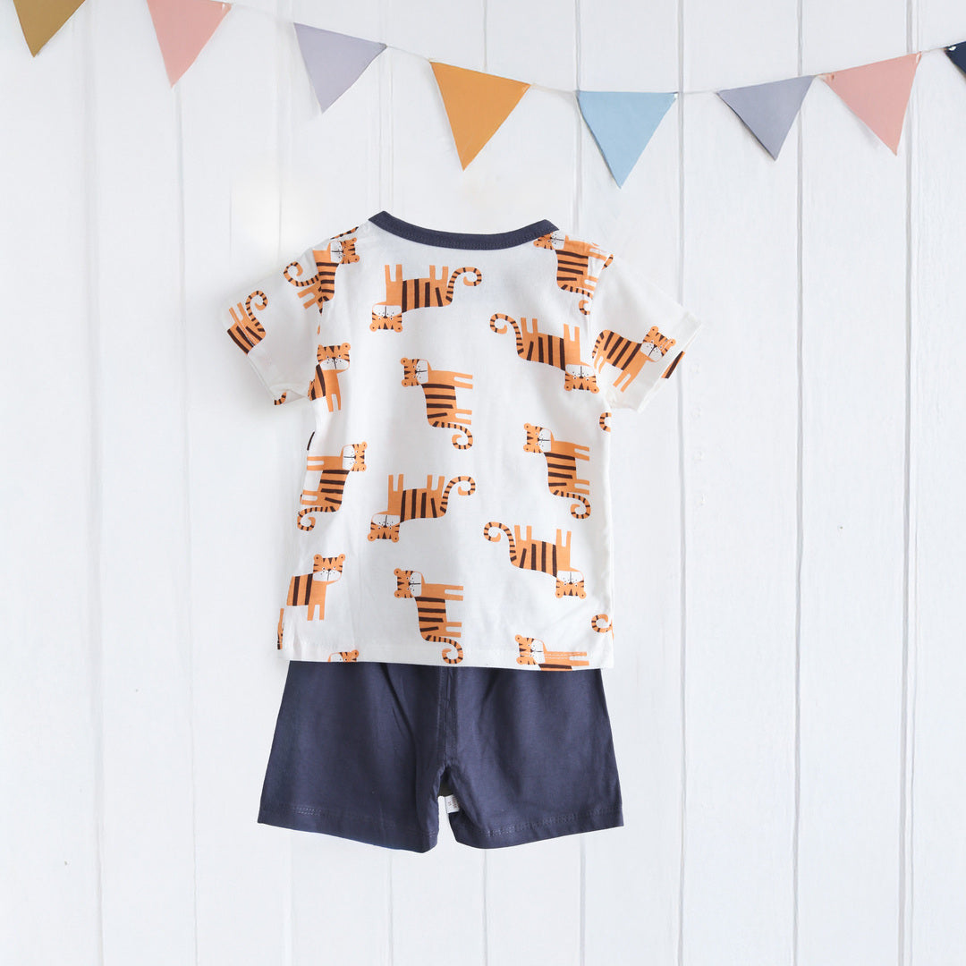キッズ 上下セット ショート Tシャツ＋ パンツ ズボン タイガー トラ 虎 動物 イエロー コットン 綿100％ 部屋着 着替え 春夏 通園