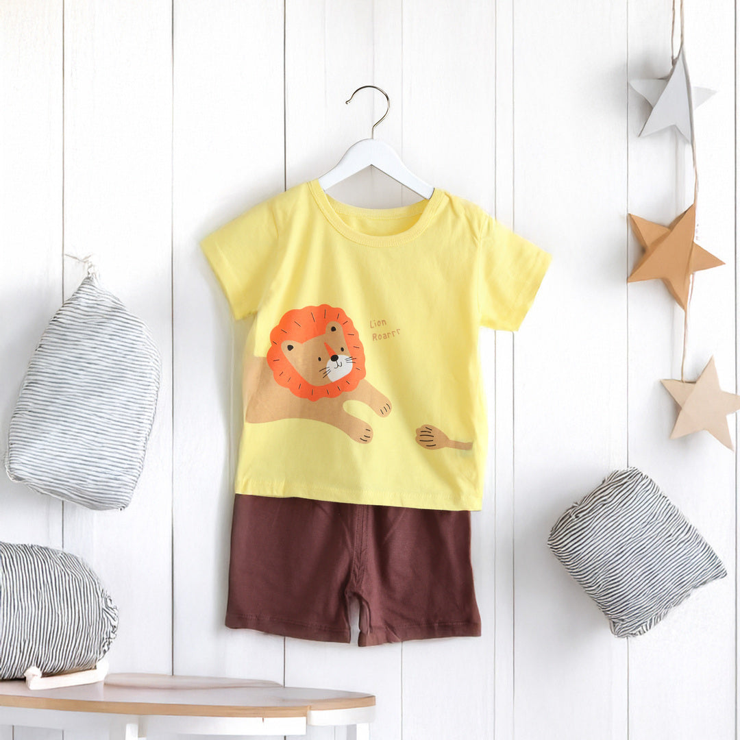 キッズ 上下セット ショート Tシャツ＋ パンツ ズボン ライオン 獅子 動物 イエロー コットン 綿100％ 部屋着 着替え 春夏 通園