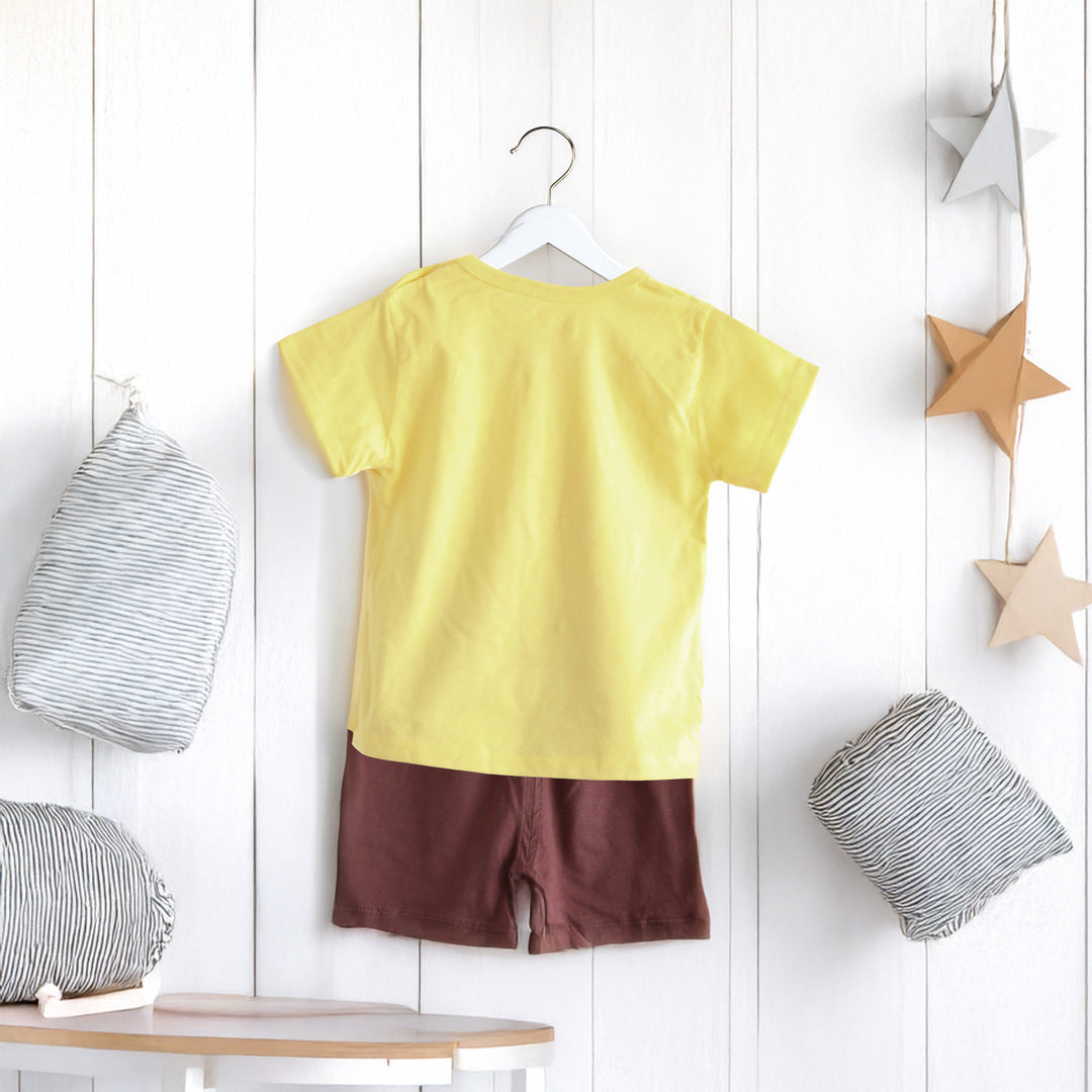 キッズ 上下セット ショート Tシャツ＋ パンツ ズボン ライオン 獅子 動物 イエロー コットン 綿100％ 部屋着 着替え 春夏 通園