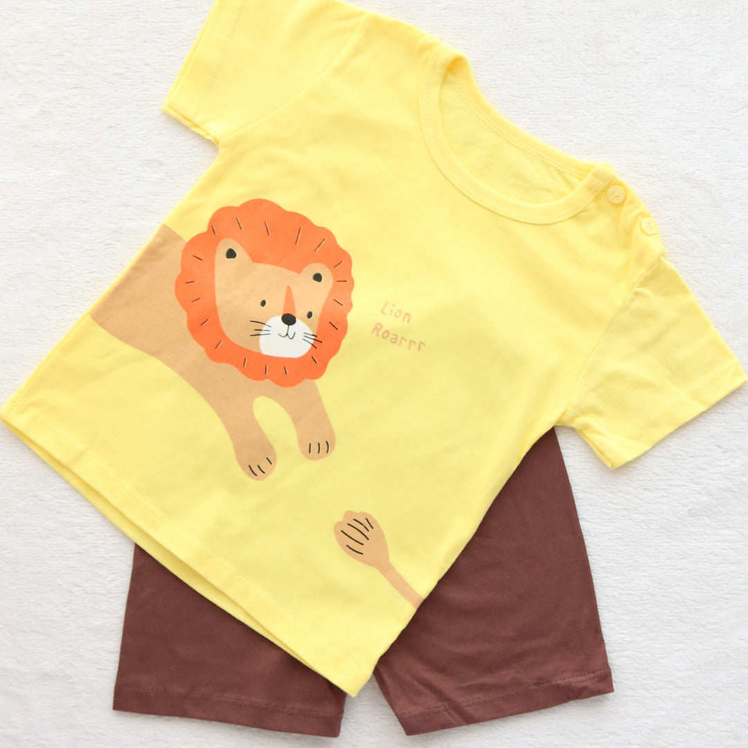 キッズ 上下セット ショート Tシャツ＋ パンツ ズボン ライオン 獅子 動物 イエロー コットン 綿100％ 部屋着 着替え 春夏 通園