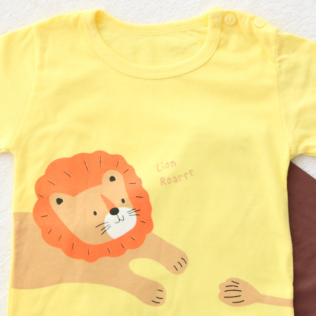 キッズ 上下セット ショート Tシャツ＋ パンツ ズボン ライオン 獅子 動物 イエロー コットン 綿100％ 部屋着 着替え 春夏 通園