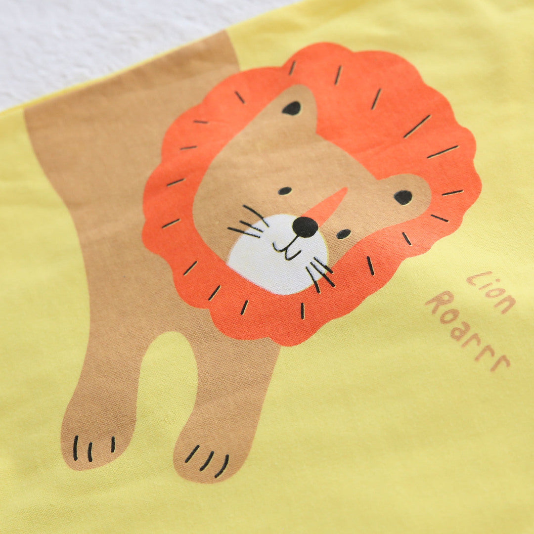 キッズ 上下セット ショート Tシャツ＋ パンツ ズボン ライオン 獅子 動物 イエロー コットン 綿100％ 部屋着 着替え 春夏 通園