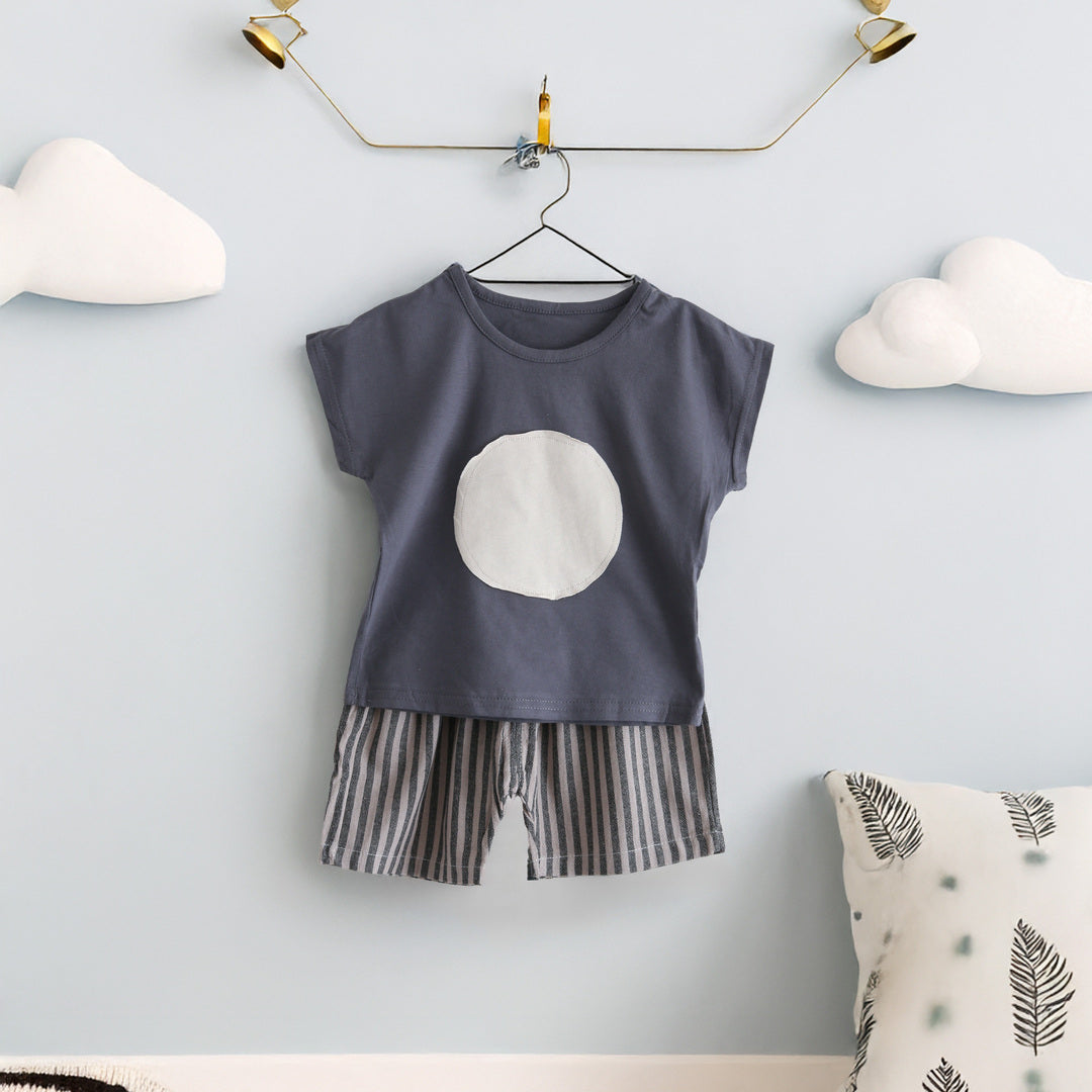 キッズ 上下セット ショート Tシャツ＋ パンツ 日の丸 水玉 グレー コットン 綿100％ 部屋着 着替え 春夏 通園