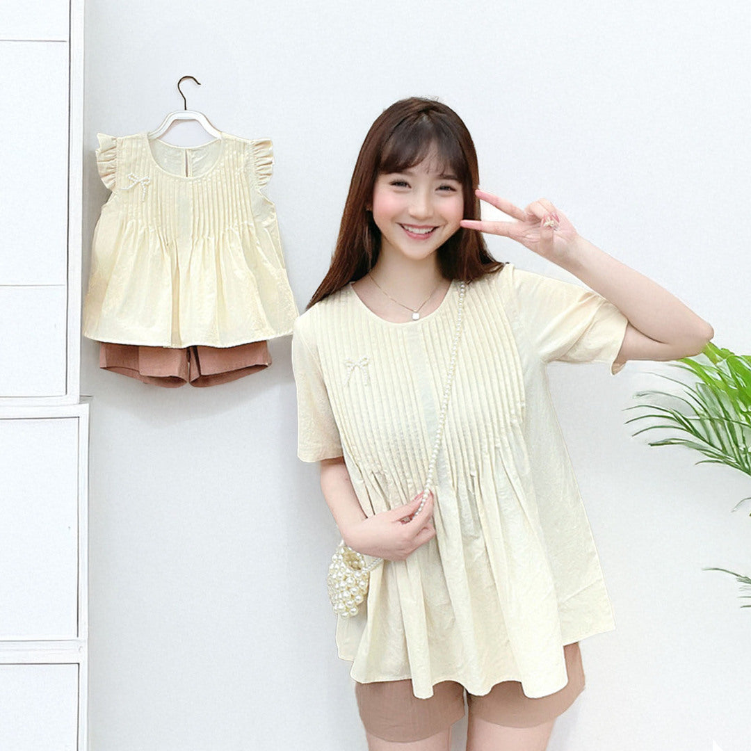 親子コーデ ママ キッズ 上下セット おしゃれ かわいい 春夏 お出掛け フレンチスリーブ ＋ ショート パンツ ズボン 短パン クリームイエロー コットン 綿100％ 通園 女の子