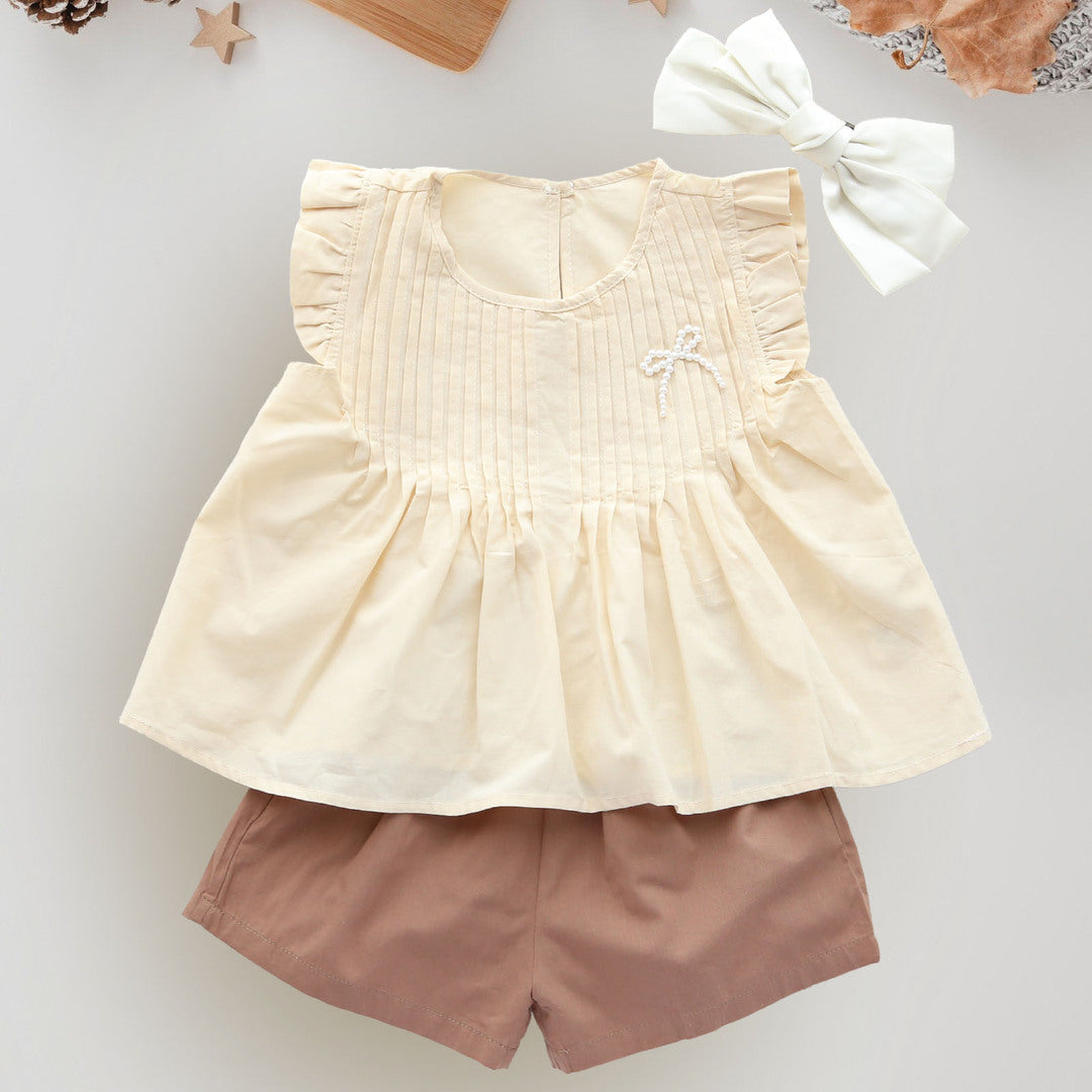 親子コーデ ママ キッズ 上下セット おしゃれ かわいい 春夏 お出掛け フレンチスリーブ ＋ ショート パンツ ズボン 短パン クリームイエロー コットン 綿100％ 通園 女の子