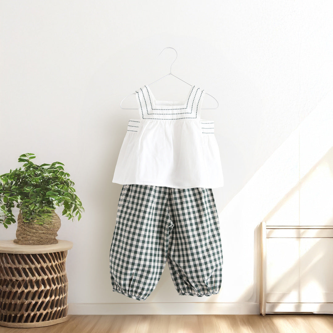 キッズ 上下セット おしゃれ かわいい 春夏 お出掛け ステッチ ノースリーブ 袖なし＋ ロングパンツ グリーン コットン 綿100％ 通園 女の子